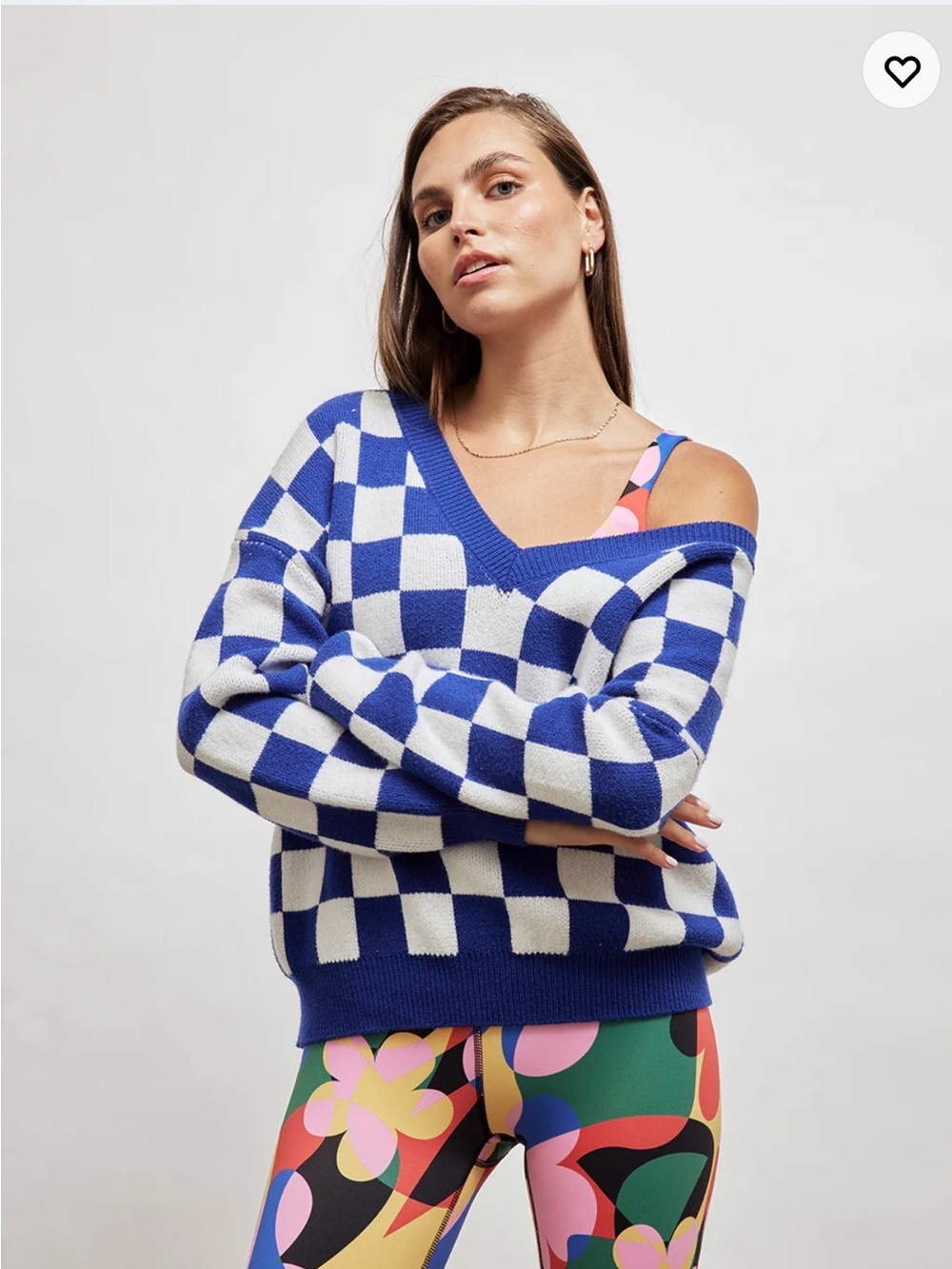 Beach Riot Joey Sweater Blue and White Checkerboard V-Neck